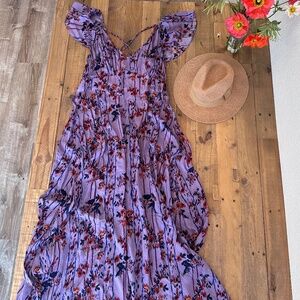 Anthropologie summer dress and hat! Purple floral maxi XL, 12 flutter sleeve